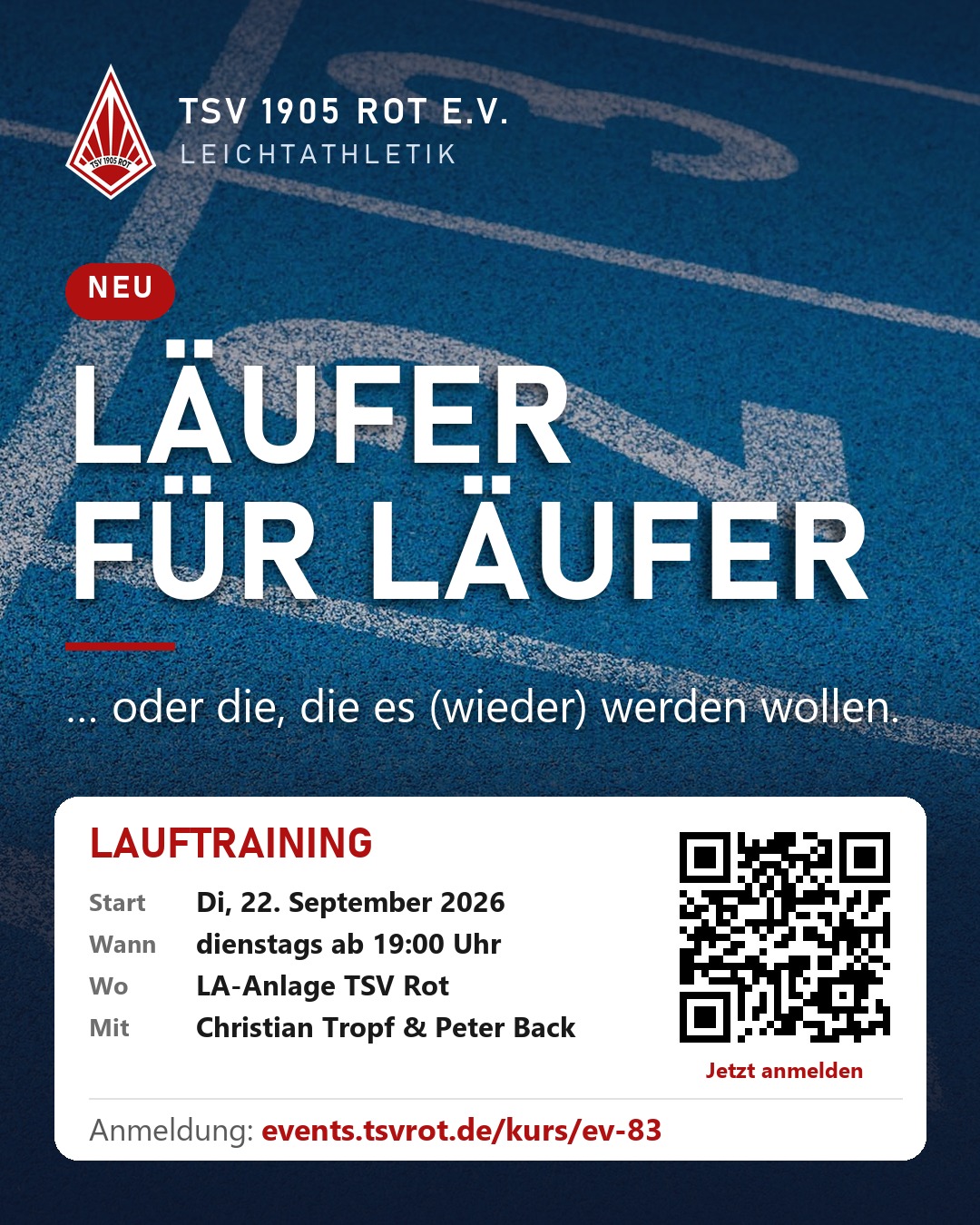 Plakat: Läufer für Läufer – neues Lauftraining beim TSV 1905 Rot e.V., dienstags ab 19 Uhr